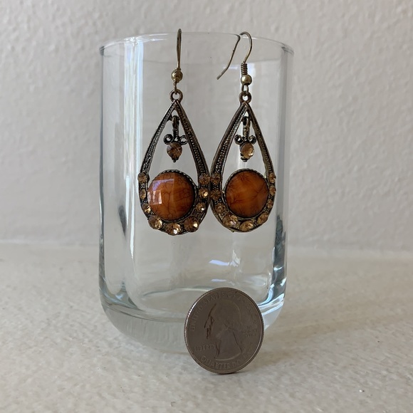 Vintage Metal and Orange Stone and Crystal Drop Earrings - Picture 6 of 11